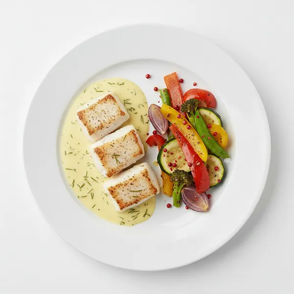 Yellow Pepper Tarragon Fish With Pink Pepper Vegetable
